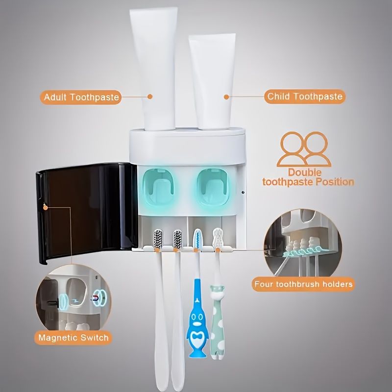 1pc Wall-Mounted Toothbrush Holder with Toothpaste Dispenser, Dustproof Cover, 2-in-1 Toothpaste Squeezer and Toothbrush Organizer, Plastic Bathroom and Washroom Accessory, Toothbrush Organizer