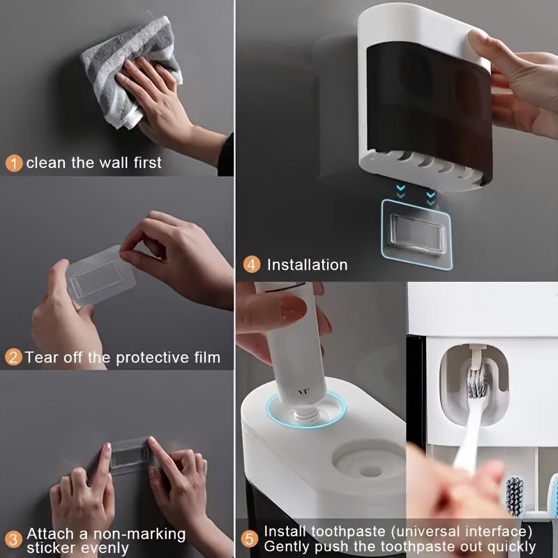 1pc Wall-Mounted Toothbrush Holder with Toothpaste Dispenser, Dustproof Cover, 2-in-1 Toothpaste Squeezer and Toothbrush Organizer, Plastic Bathroom and Washroom Accessory, Toothbrush Organizer