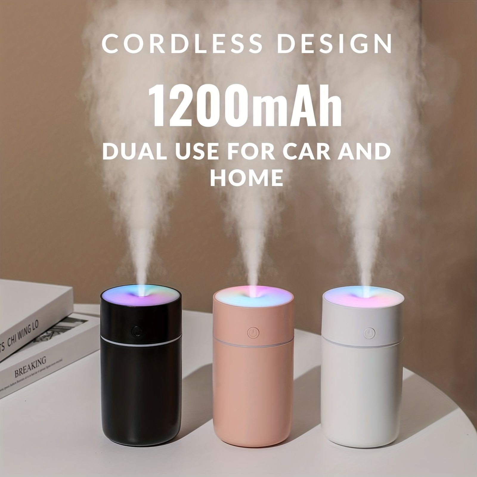 Wireless Cold Mist Room Air Humidifier, 1200mAh Portable Soundwave technology Bedroom Humidifier