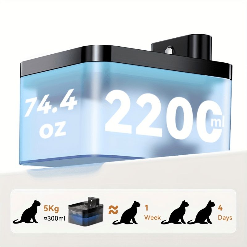 2.2L Automatic Pet Water Dispenser for Cats & Small Dogs - Smart Gravity-Fed Fountain with 2000mAh Rechargeable Battery, Ultra-Quiet USB/Battery Powered, Modern Black & Blue Design, Durable Plastic