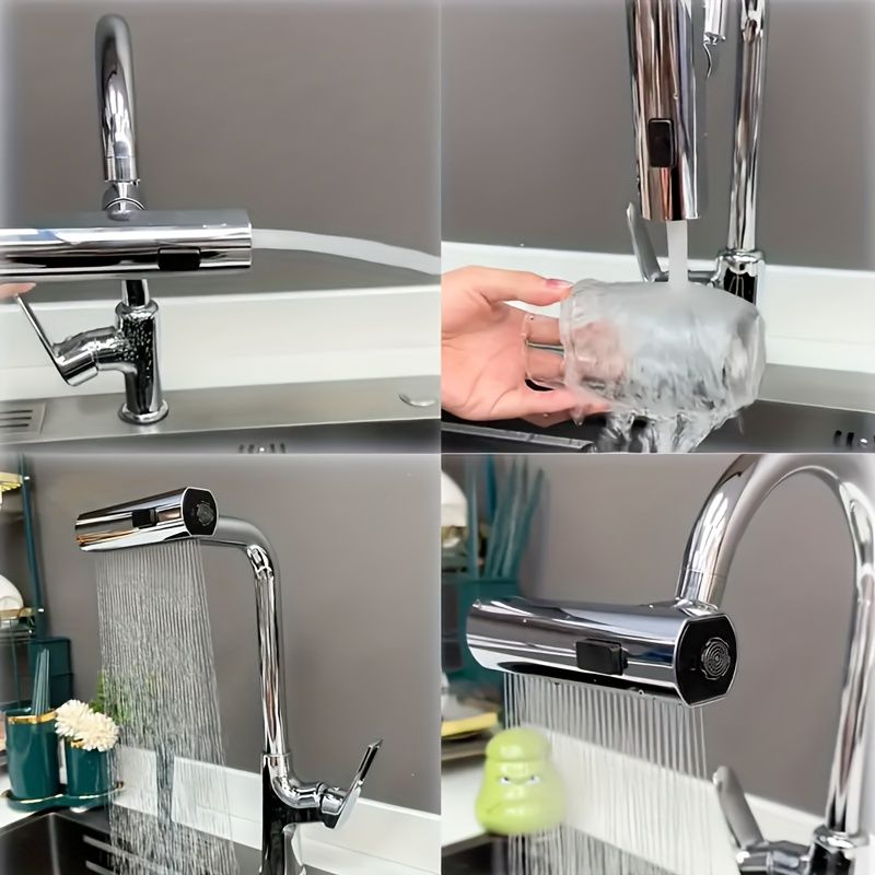 1pc Modern Kitchen Faucet with 3-in-1 360° Rotating Waterfall, Water-Saving Aerator, 3 Flow Modes | Polished Finish, Pressure Boosting Extension, Splash-Proof Nozzle, RV Kitchen Faucet, Kitchen Sink F