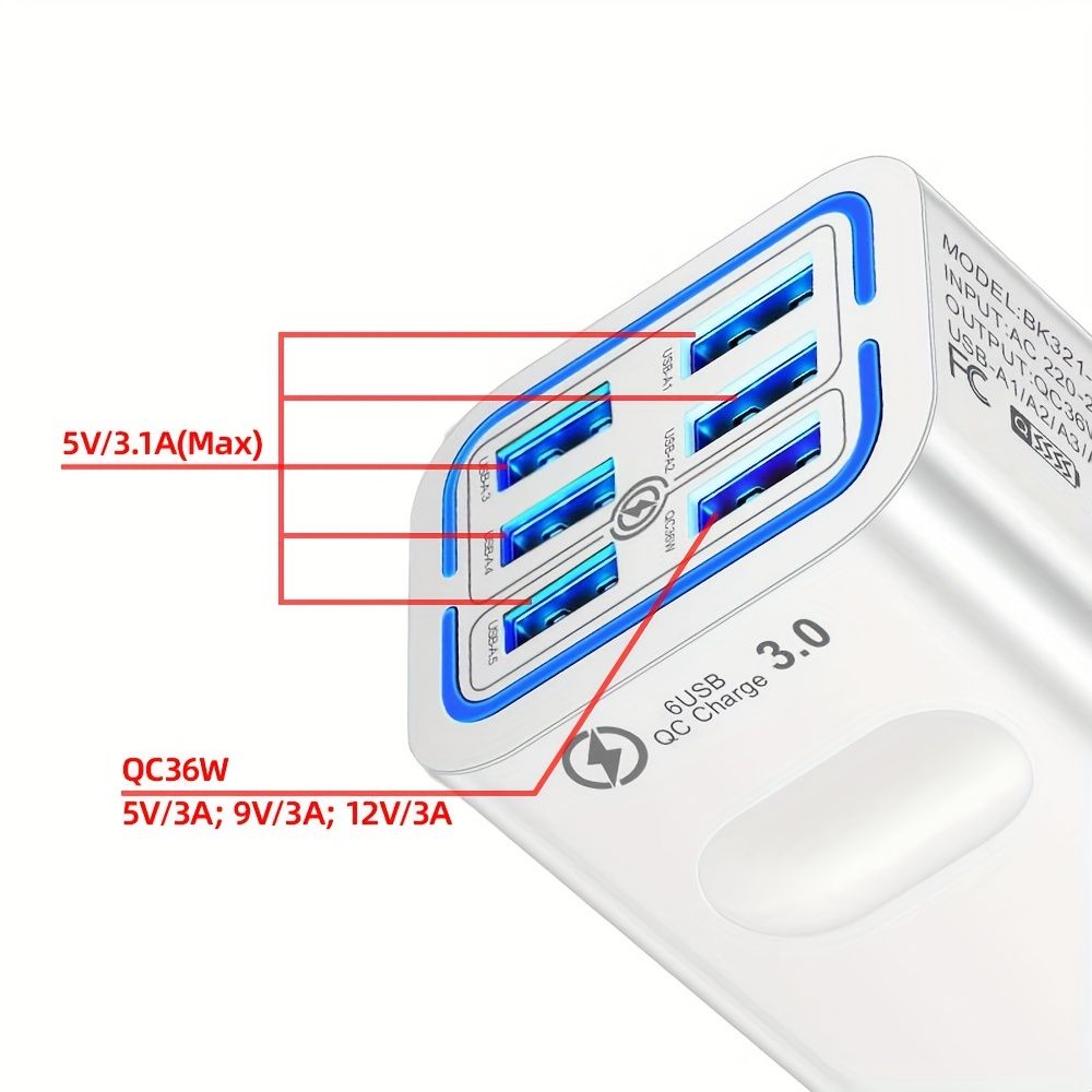 50W Fast Charging Power Adapter, 6 USB Ports with EU Plug, 220-240V Universal Quick Charge Wall Charger, Portable Travel Charger with Type C Plug, 3PD + 3USB Connectors