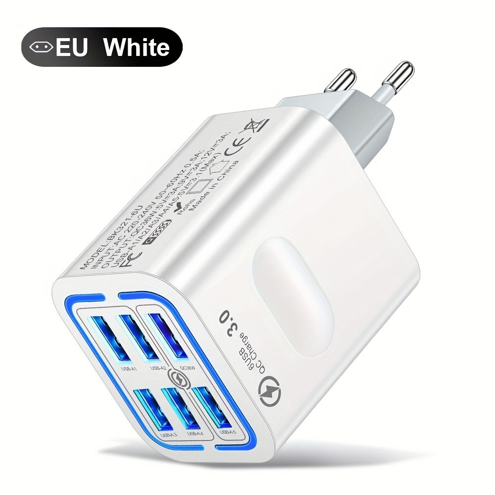 50W Fast Charging Power Adapter, 6 USB Ports with EU Plug, 220-240V Universal Quick Charge Wall Charger, Portable Travel Charger with Type C Plug, 3PD + 3USB Connectors