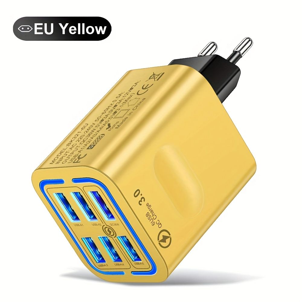 50W Fast Charging Power Adapter, 6 USB Ports with EU Plug, 220-240V Universal Quick Charge Wall Charger, Portable Travel Charger with Type C Plug, 3PD + 3USB Connectors
