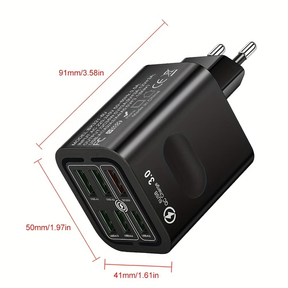 50W Fast Charging Power Adapter, 6 USB Ports with EU Plug, 220-240V Universal Quick Charge Wall Charger, Portable Travel Charger with Type C Plug, 3PD + 3USB Connectors