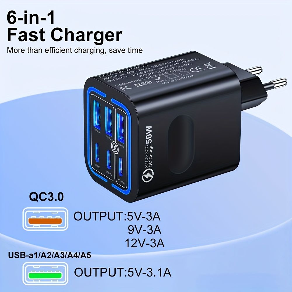 50W Fast Charging Power Adapter, 6 USB Ports with EU Plug, 220-240V Universal Quick Charge Wall Charger, Portable Travel Charger with Type C Plug, 3PD + 3USB Connectors