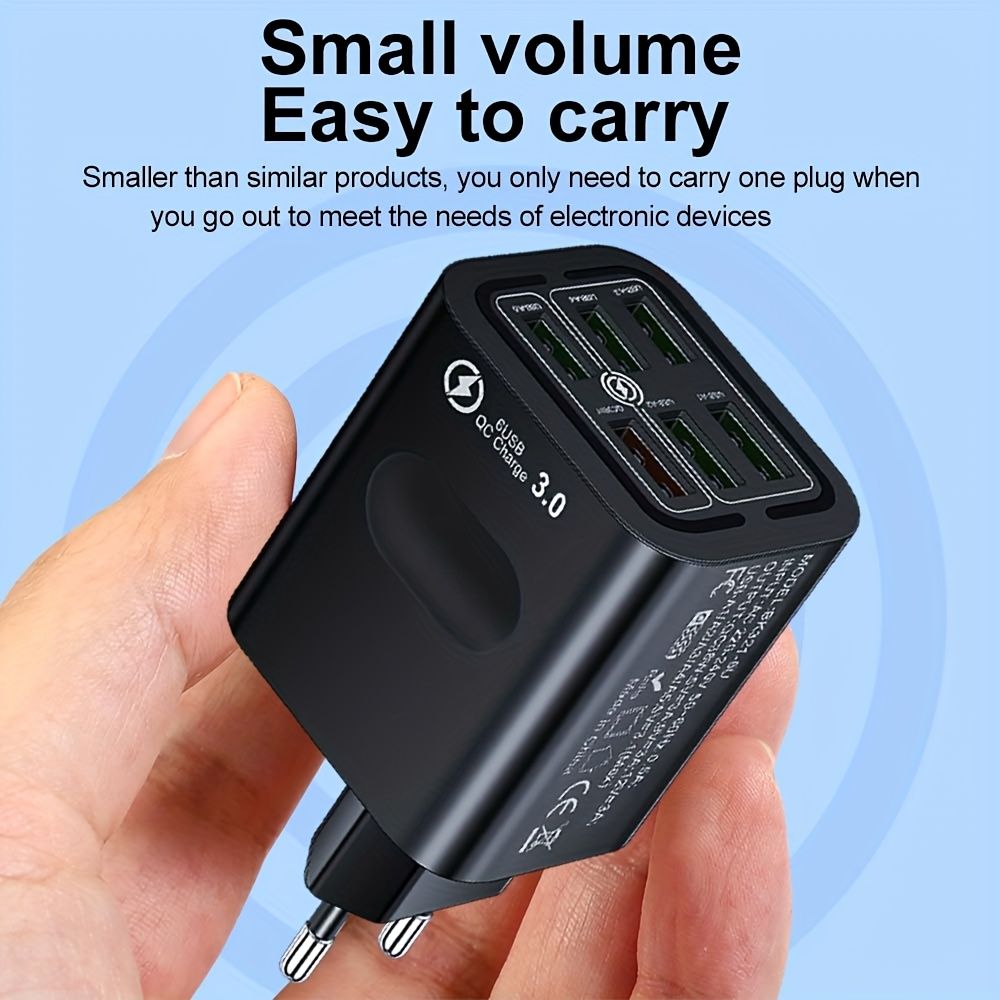 50W Fast Charging Power Adapter, 6 USB Ports with EU Plug, 220-240V Universal Quick Charge Wall Charger, Portable Travel Charger with Type C Plug, 3PD + 3USB Connectors