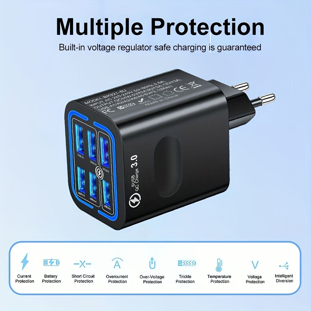 50W Fast Charging Power Adapter, 6 USB Ports with EU Plug, 220-240V Universal Quick Charge Wall Charger, Portable Travel Charger with Type C Plug, 3PD + 3USB Connectors