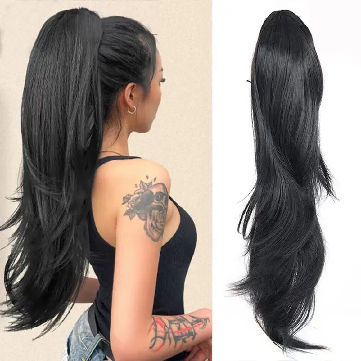 Showcase Unique Charm - Lightly Curled Drawstring Ponytail Wig for Black Women - Natural Permeable Odorless Stable Easy to manage Simple Operation for Daily Use【Black】【one free gift】
