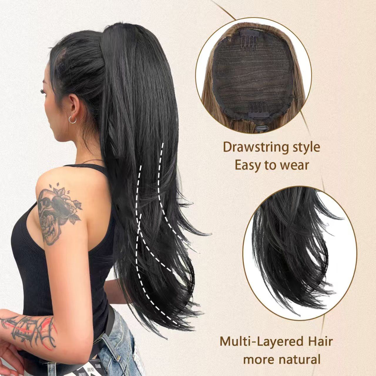 Showcase Unique Charm - Lightly Curled Drawstring Ponytail Wig for Black Women - Natural Permeable Odorless Stable Easy to manage Simple Operation for Daily Use【Black】【one free gift】