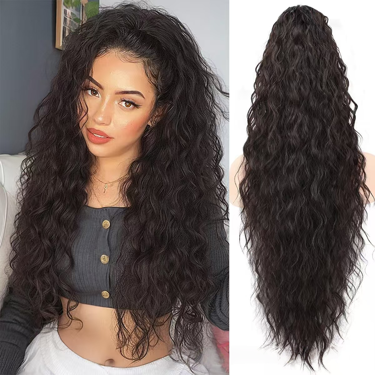 Curly Hair Water Wave Wool Curl Claw Clip Ponytail Wig, High Ponytail Wig Braid- Natural Permeable Odorless Stable Easy to manage Simple Operation for Daily Use【Natural black】【one free gift】