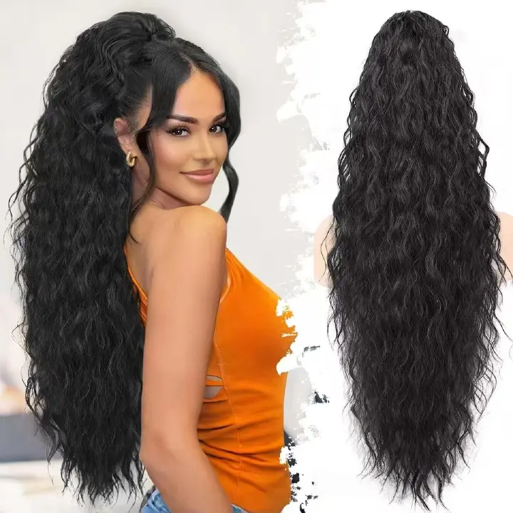 Curly Hair Water Wave Wool Curl Claw Clip Ponytail Wig, High Ponytail Wig Braid- Natural Permeable Odorless Stable Easy to manage Simple Operation for Daily Use【Natural black】【one free gift】