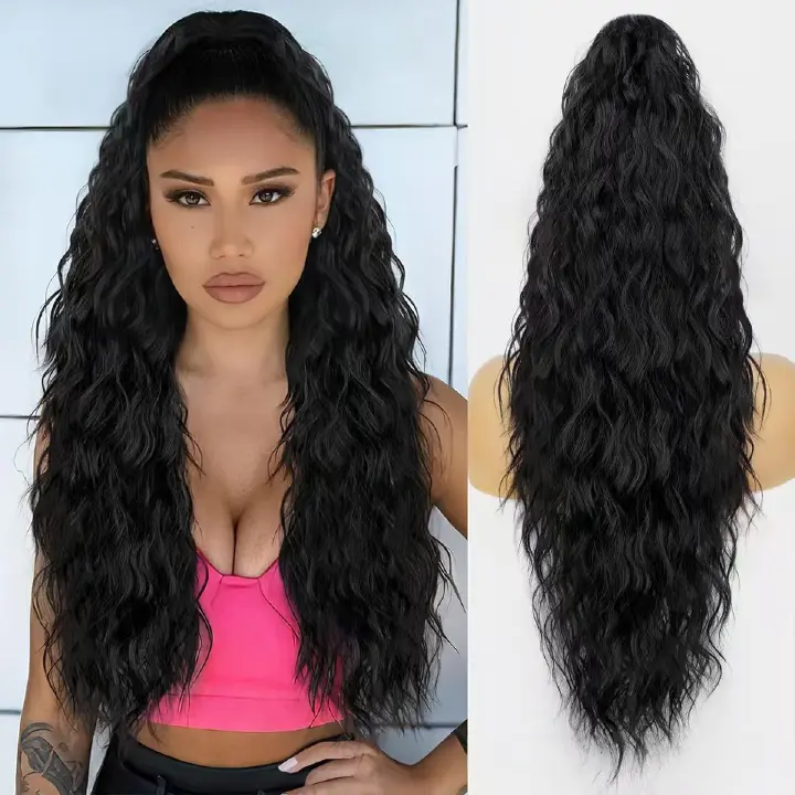 Curly Hair Water Wave Wool Curl Claw Clip Ponytail Wig, High Ponytail Wig Braid- Natural Permeable Odorless Stable Easy to manage Simple Operation for Daily Use【Black】【one free gift】