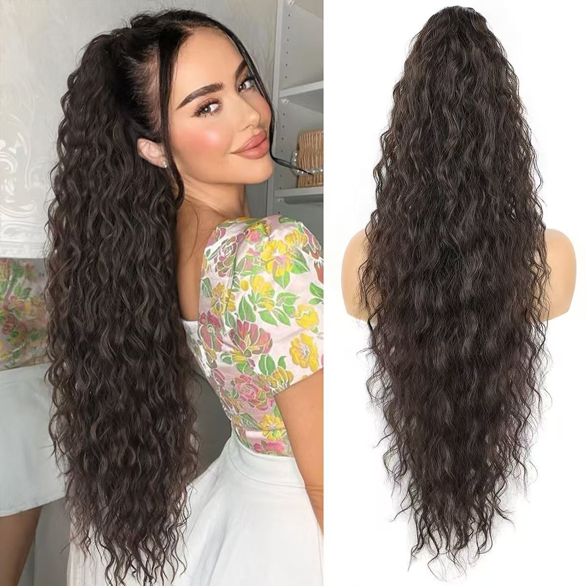 Curly Hair Water Wave Wool Curl Claw Clip Ponytail Wig, High Ponytail Wig Braid- Natural Permeable Odorless Stable Easy to manage Simple Operation for Daily Use【Natural black】【one free gift】