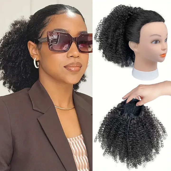 [Hair Bundles-Not a Full Wig] Black Women's Small Curly Puffy Short Wig | Synthetic Fiber Drawstring Hair Bun- Natural Permeable Odorless Stable Easy to manage Simple Operation for Daily Use【Black】