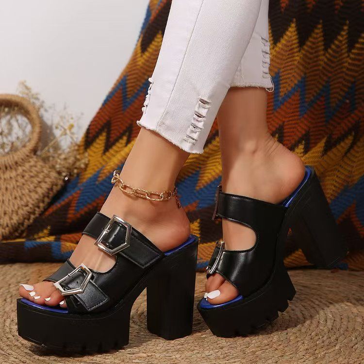 Belt Buckle Chunky Heel Peep-Toe Wide-Fit Sandals for Plus Sizes-Sexy, fashionable comfortable and durable
