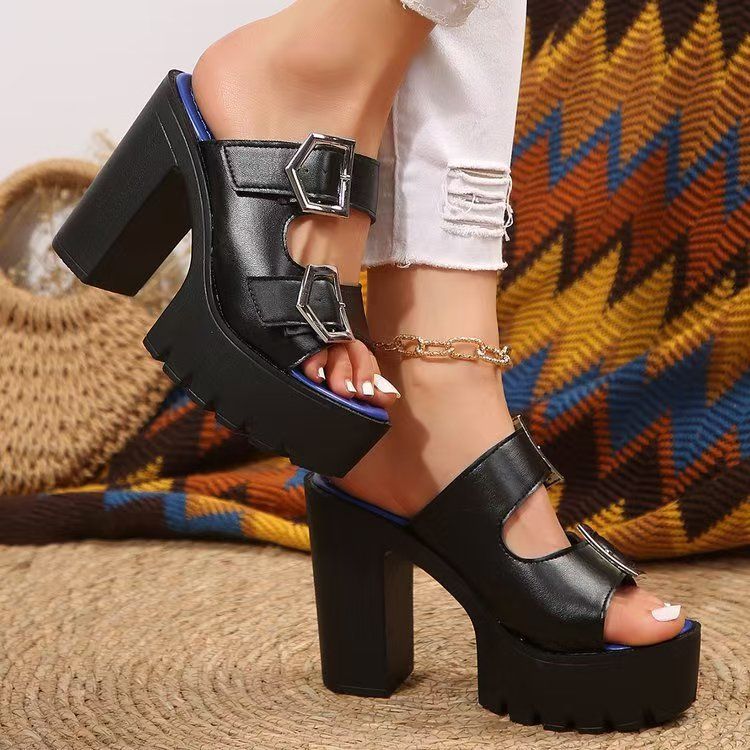 Belt Buckle Chunky Heel Peep-Toe Wide-Fit Sandals for Plus Sizes-Sexy, fashionable comfortable and durable
