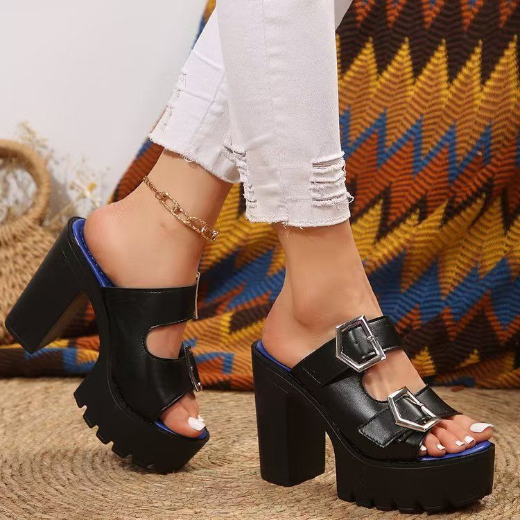 Belt Buckle Chunky Heel Peep-Toe Wide-Fit Sandals for Plus Sizes-Sexy, fashionable comfortable and durable