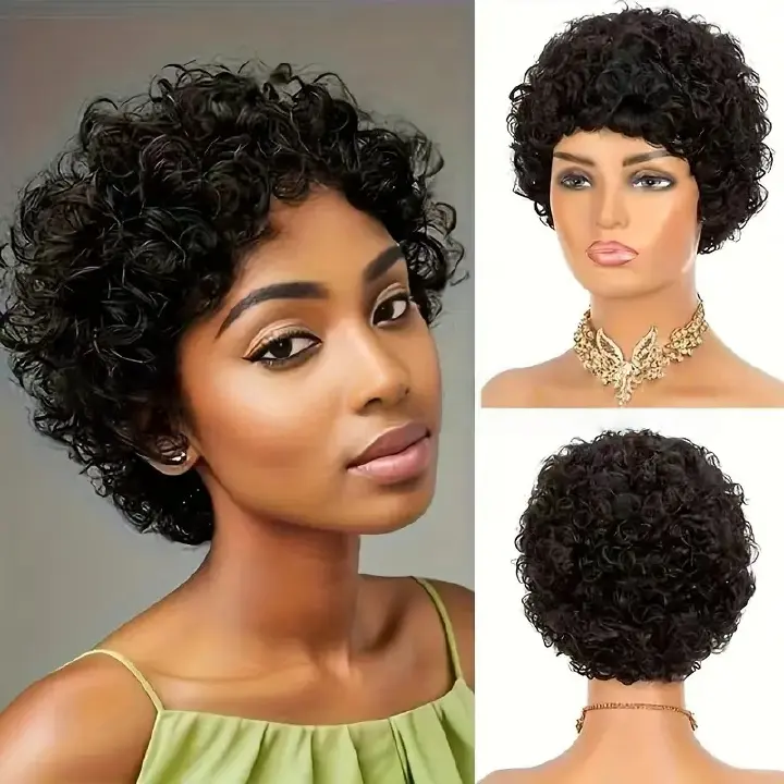 4-5inch Human hair short wig cap: Small curly fluffy wool curls natural afro- Natural Permeable Odorless Stable Easy to manage Simple Operation for Daily Use