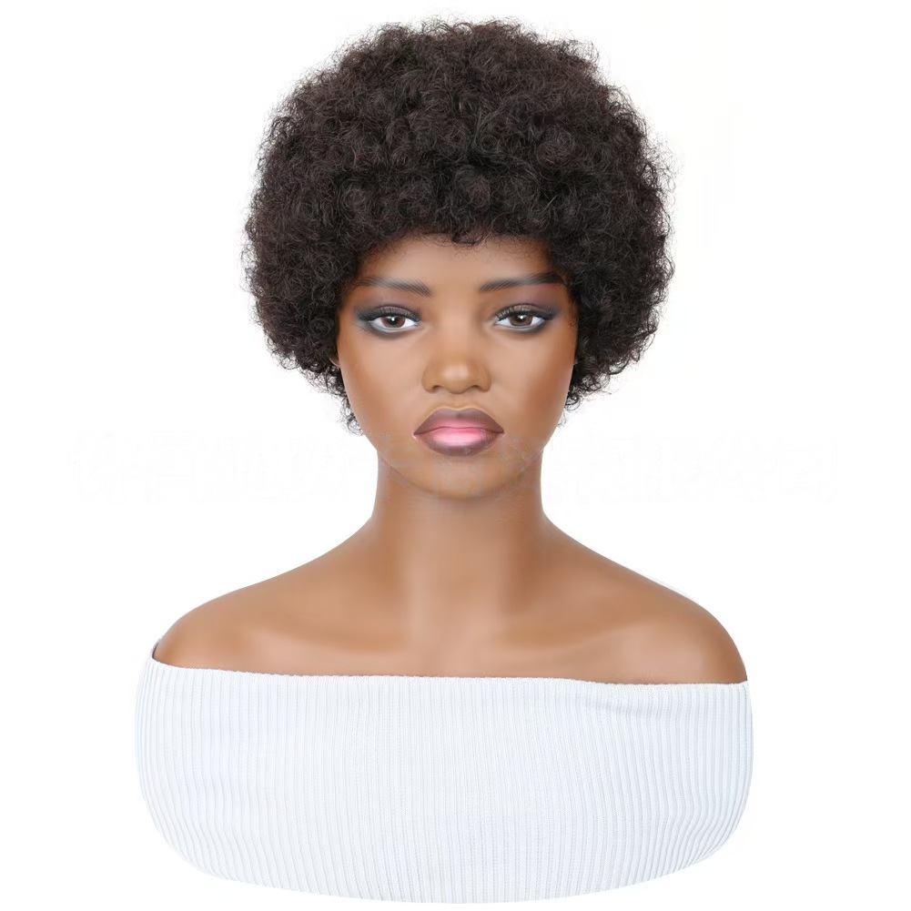 4-5inch Human hair short wig cap: Small curly fluffy wool curls natural afro- Natural Permeable Odorless Stable Easy to manage Simple Operation for Daily Use
