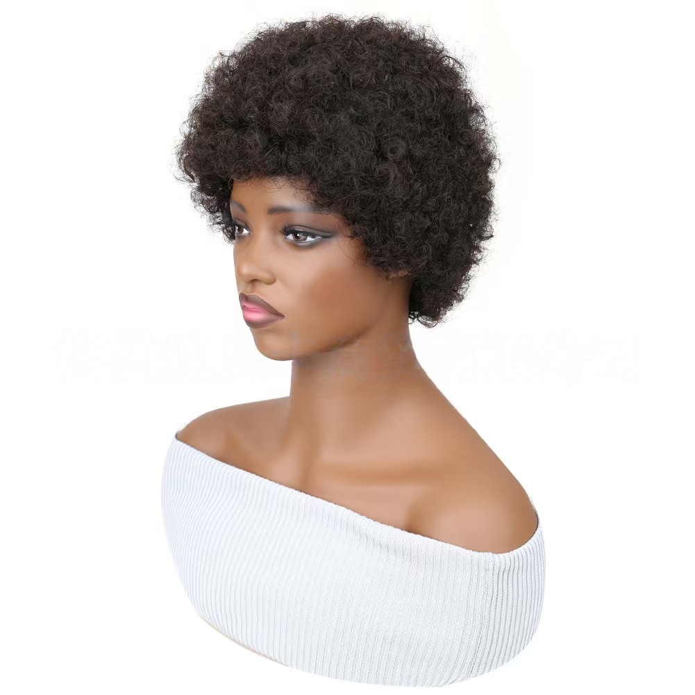 4-5inch Human hair short wig cap: Small curly fluffy wool curls natural afro- Natural Permeable Odorless Stable Easy to manage Simple Operation for Daily Use
