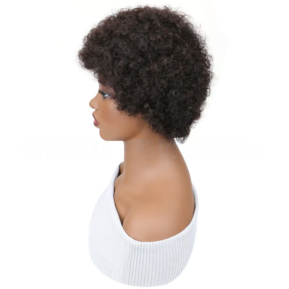 4-5inch Human hair short wig cap: Small curly fluffy wool curls natural afro- Natural Permeable Odorless Stable Easy to manage Simple Operation for Daily Use