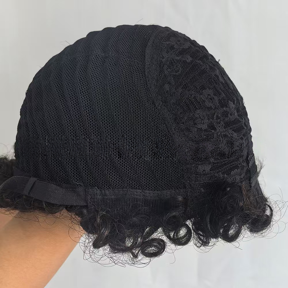 4-5inch Human hair short wig cap: Small curly fluffy wool curls natural afro- Natural Permeable Odorless Stable Easy to manage Simple Operation for Daily Use
