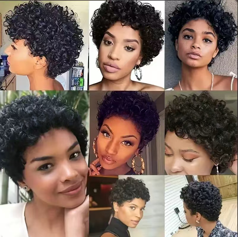 4-5inch Human hair short wig cap: Small curly fluffy wool curls natural afro- Natural Permeable Odorless Stable Easy to manage Simple Operation for Daily Use