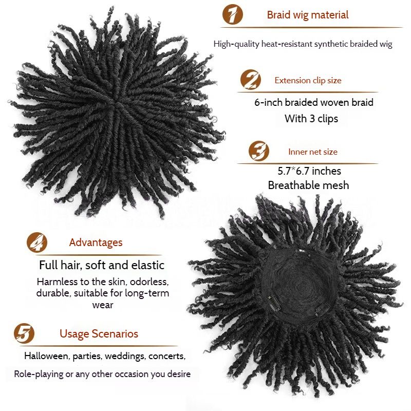 6-inch-Unisex Synthetic Braided Hairpieces Designed for African People-Natural Afro Wigs- Natural Permeable Odorless Stable Easy to manage Simple Operation for Daily Use【one free gift】