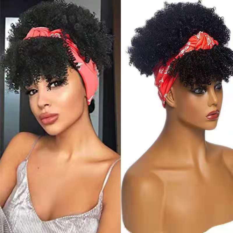 6-inch Short Curly Wig for African Women - Rose Net Synthetic Wig with Headscarf-Natural Permeable Odorless Stable Easy to manage Simple Operation for Daily Use