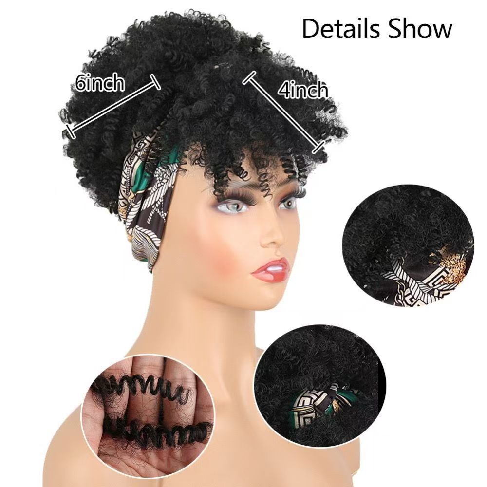 6-inch Short Curly Wig for African Women - Rose Net Synthetic Wig with Headscarf-Natural Permeable Odorless Stable Easy to manage Simple Operation for Daily Use