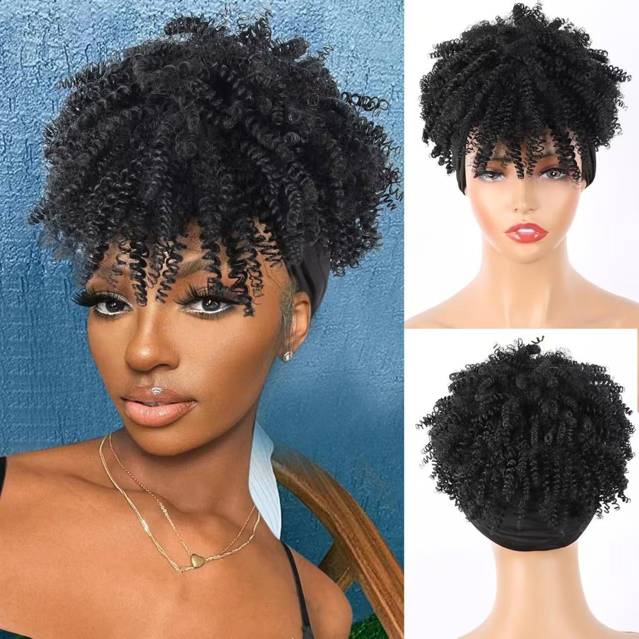 6-inch Short Curly Wig for African Women - Rose Net Synthetic Wig with Headscarf-Natural Permeable Odorless Stable Easy to manage Simple Operation for Daily Use
