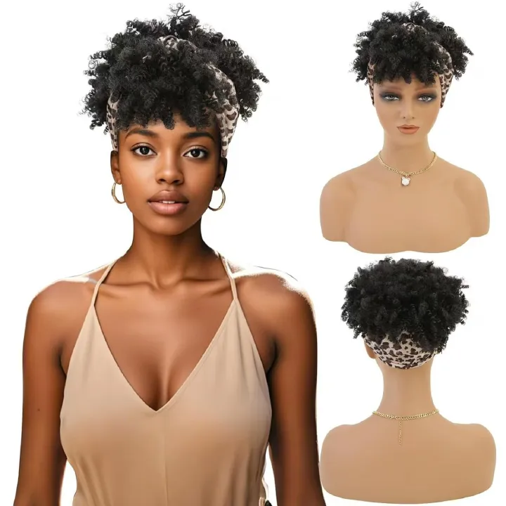 6-inch Short Curly Wig for African Women - Rose Net Synthetic Wig with Headscarf-Natural Permeable Odorless Stable Easy to manage Simple Operation for Daily Use