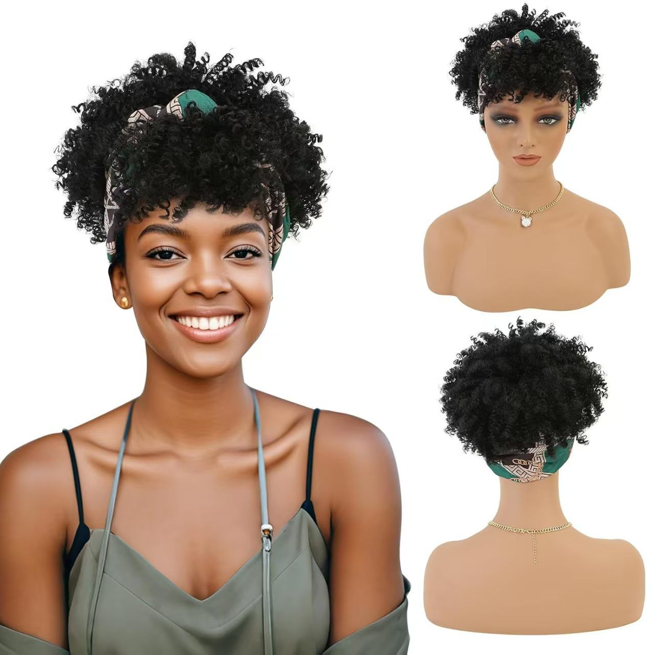 6-inch Short Curly Wig for African Women - Rose Net Synthetic Wig with Headscarf-Natural Permeable Odorless Stable Easy to manage Simple Operation for Daily Use