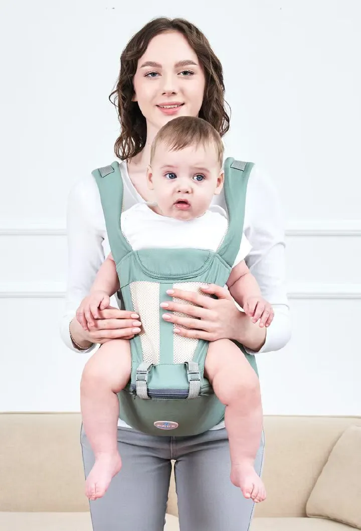 For 0-3 years old! Pure cotton lightweight baby carrier with stool – front-carry design for effortless holding, breathable and spine-protecting. Makes chores and travel with baby much easier!