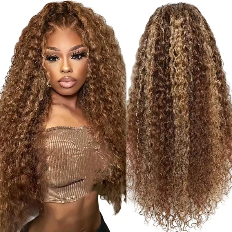 Custom-Made for African Women | Brazilian 13*4 Lace Wig - 4/27 Dark Brown with Light Blonde Highlights Water Wave Curly Bob Full Wig - Fits Dark Scalps Naturally for an Elegant Look