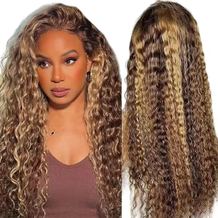 Custom-Made for African Women | Brazilian 13*4 Lace Wig - 4/27 Dark Brown with Light Blonde Highlights Water Wave Curly Bob Full Wig - Fits Dark Scalps Naturally for an Elegant Look