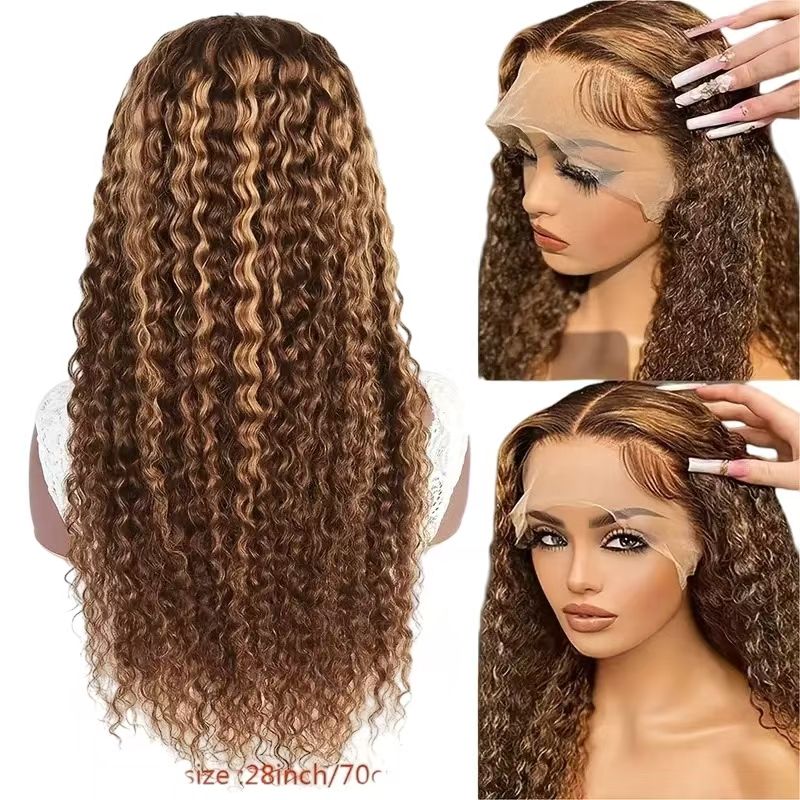 Custom-Made for African Women | Brazilian 13*4 Lace Wig - 4/27 Dark Brown with Light Blonde Highlights Water Wave Curly Bob Full Wig - Fits Dark Scalps Naturally for an Elegant Look