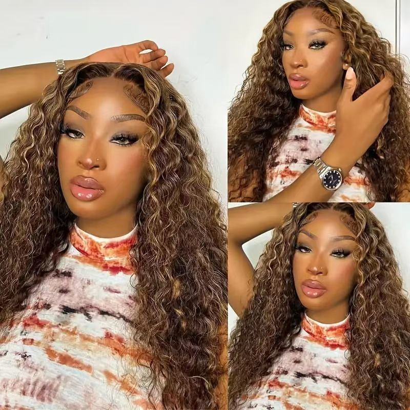 Custom-Made for African Women | Brazilian 13*4 Lace Wig - 4/27 Dark Brown with Light Blonde Highlights Water Wave Curly Bob Full Wig - Fits Dark Scalps Naturally for an Elegant Look