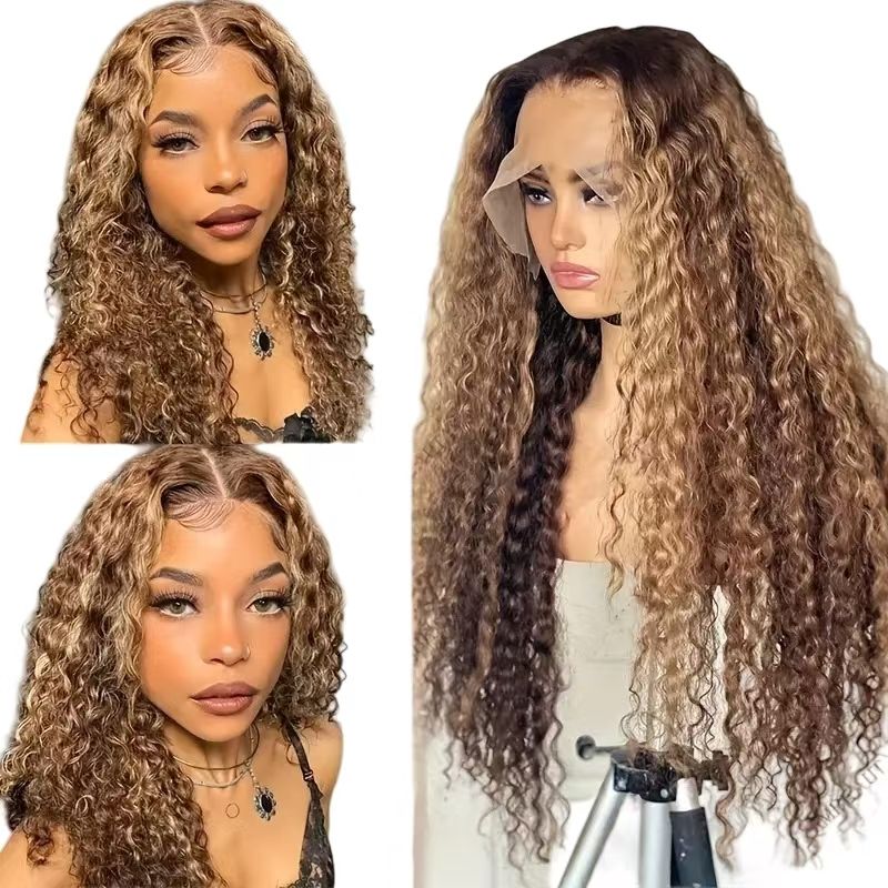 Custom-Made for African Women | Brazilian 13*4 Lace Wig - 4/27 Dark Brown with Light Blonde Highlights Water Wave Curly Bob Full Wig - Fits Dark Scalps Naturally for an Elegant Look