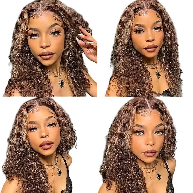 Custom-Made for African Women | Brazilian 13*4 Lace Wig - 4/27 Dark Brown with Light Blonde Highlights Water Wave Curly Bob Full Wig - Fits Dark Scalps Naturally for an Elegant Look