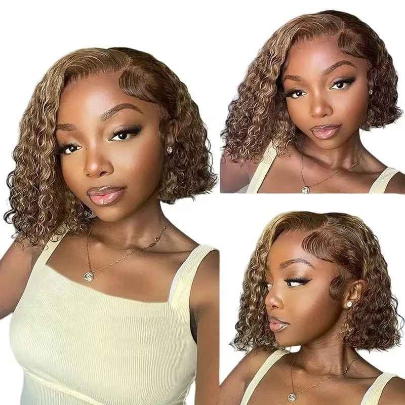 Custom-Made for African Women | Brazilian 13*4 Lace Wig - 4/27 Dark Brown with Light Blonde Highlights Water Wave Curly Bob Full Wig - Fits Dark Scalps Naturally for an Elegant Look