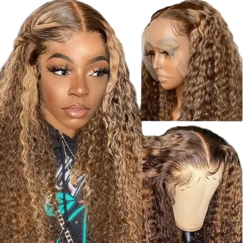 Custom-Made for African Women | Brazilian 13*4 Lace Wig - 4/27 Dark Brown with Light Blonde Highlights Water Wave Curly Bob Full Wig - Fits Dark Scalps Naturally for an Elegant Look