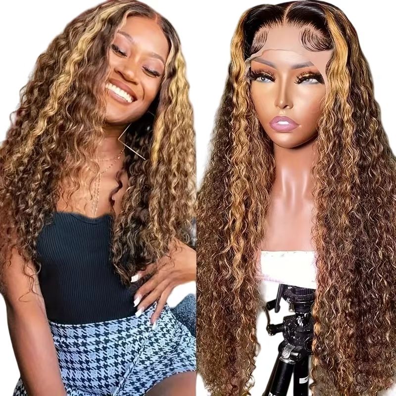 Custom-Made for African Women | Brazilian 13*4 Lace Wig - 4/27 Dark Brown with Light Blonde Highlights Water Wave Curly Bob Full Wig - Fits Dark Scalps Naturally for an Elegant Look