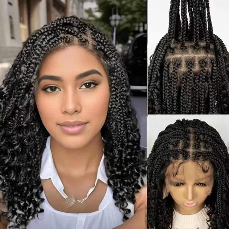 16-Inch Hand-Knitted Lace Three-Strand Braid Long Wavy Wig Cap (Natural & Breathable, Hand-Crocheted, Long-Lasting Style, Natural Invisibility, Fashionable Trend)