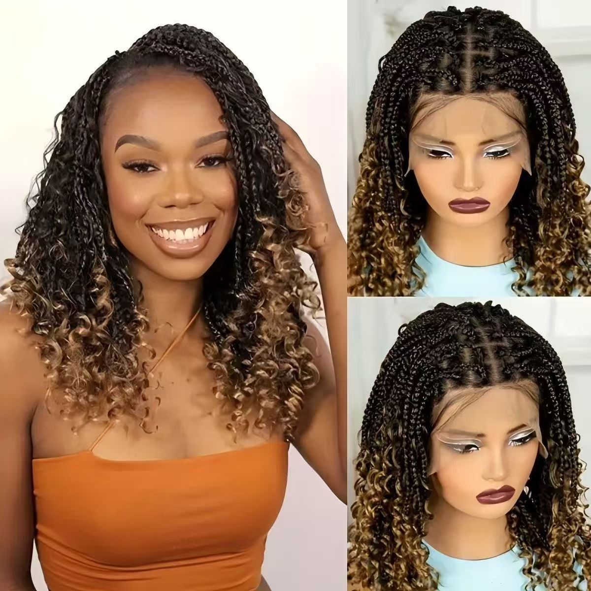 16-Inch Hand-Knitted Lace Three-Strand Braid Long Wavy Wig Cap (Natural & Breathable, Hand-Crocheted, Long-Lasting Style, Natural Invisibility, Fashionable Trend)