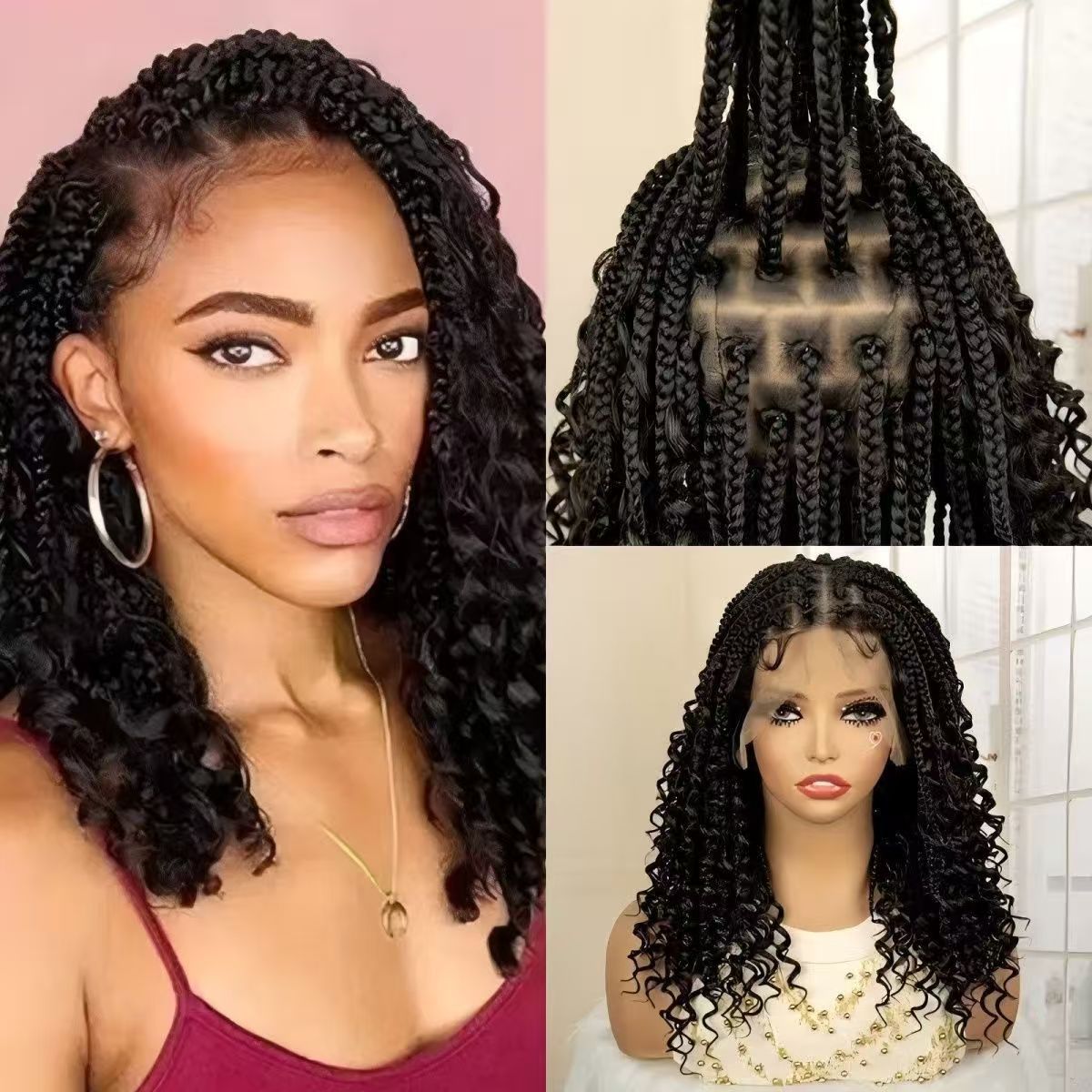 16-Inch Hand-Knitted Lace Three-Strand Braid Long Wavy Wig Cap (Natural & Breathable, Hand-Crocheted, Long-Lasting Style, Natural Invisibility, Fashionable Trend)
