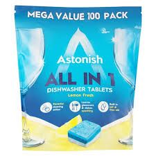 Astonish All in 1 Dishwasher tablets Lemon Fresh-The All in 1 tablet have a built-in salt and rinse aid to leave glassware streak-free and dishes sparkling and its  Suitable for hard water areas.