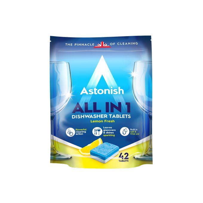Astonish All in 1 Dishwasher tablets Lemon Fresh-The All in 1 tablet have a built-in salt and rinse aid to leave glassware streak-free and dishes sparkling and its  Suitable for hard water areas.