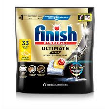 Finish Ultimate Plus  All in 1 Lemon Sparkle Dishwasher Tablets- 33 Pack-offer an effective cleaning solution for dishwashers, designed to tackle dirty dishes without the need for pre-rinsing.